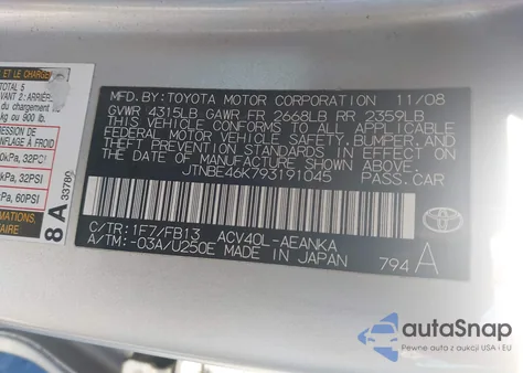 2009 Toyota Camry Le из США, поврежденный, VIN JTNBE46K793191045